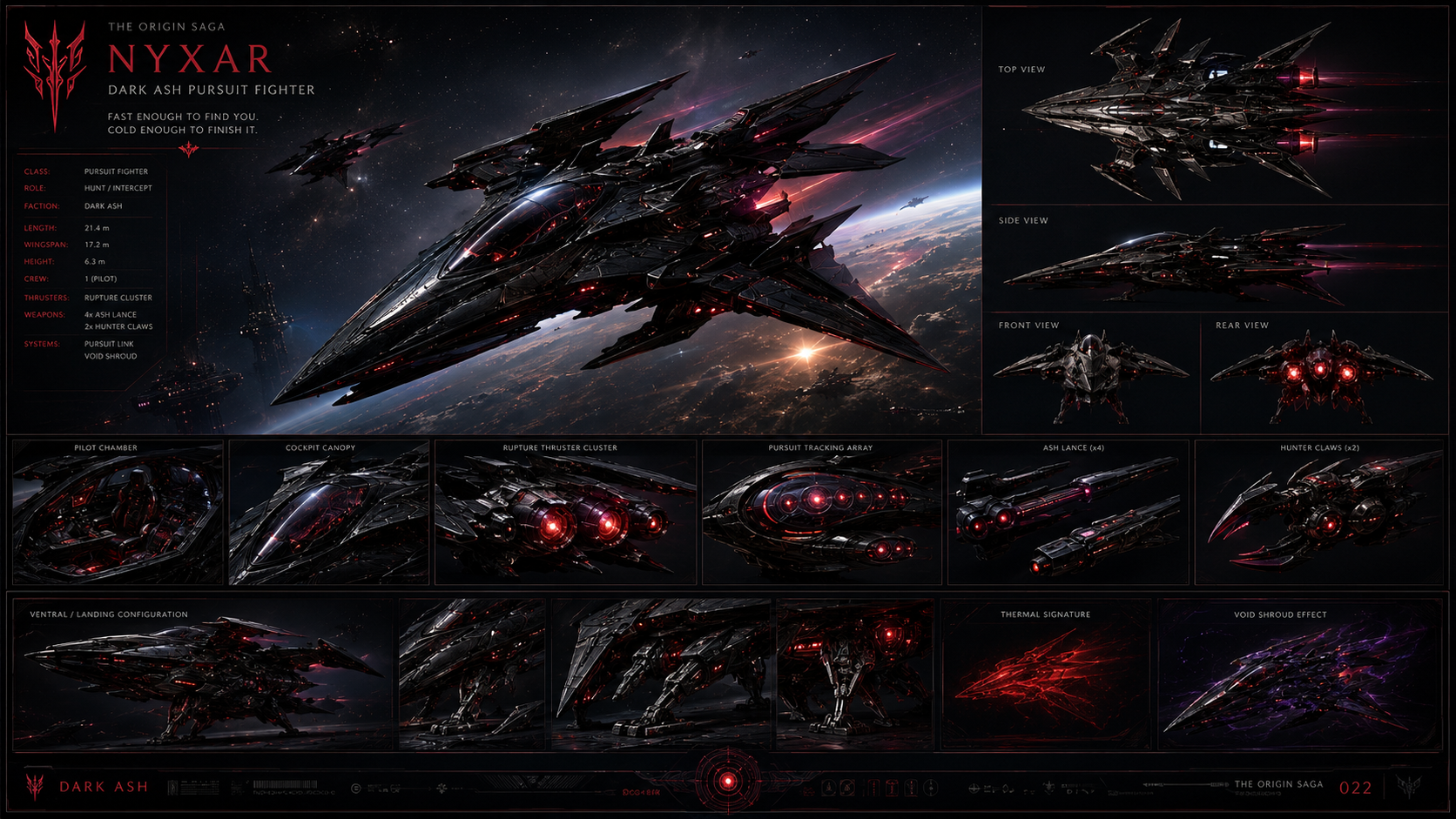 Nyxar — Dark Ash pursuit fighter with rupture-cluster thrusters