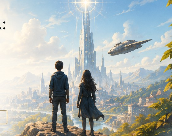 Kael and another figure gaze toward the Origins System's towering city and a living starship