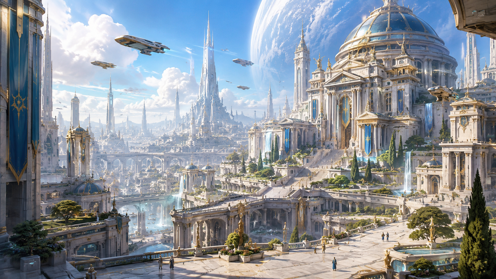 Aethoria cityscape glowing beneath a celestial sky